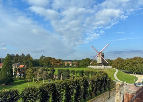 Windmühle in Brügge, gesäumt von Bäumen